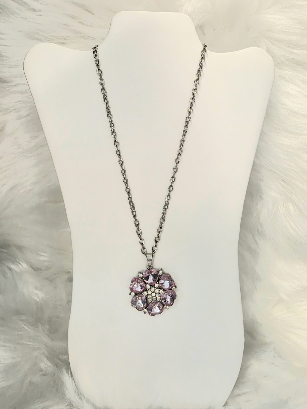 Pink Crystal Flower Pendant Necklace - Women Jewelry Size 28"